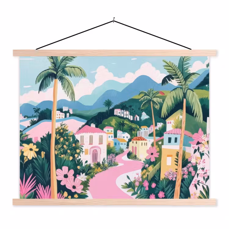 Kleurrijk - Huizen - Heuvels - Roze textielposter latten blank klein -3d