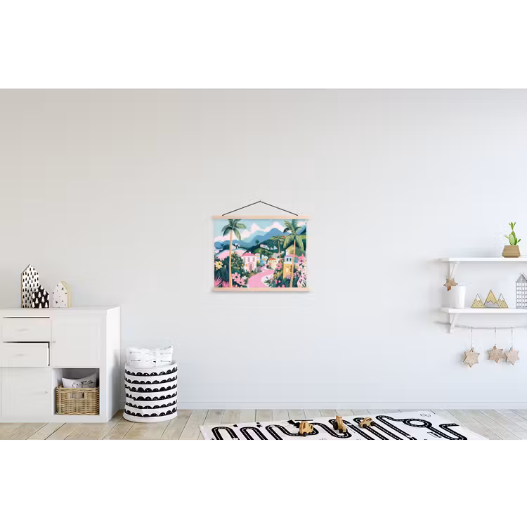 Kleurrijk - Huizen - Heuvels - Roze textielposter latten blank klein -kinderkamer