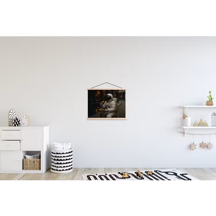 Café - Croissant - Koffie - Astronaut textielposter latten blank klein -kinderkamer