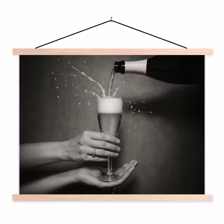 Champagnefles - Glas - Minimalistisch - Spetters textielposter latten blank klein -3d
