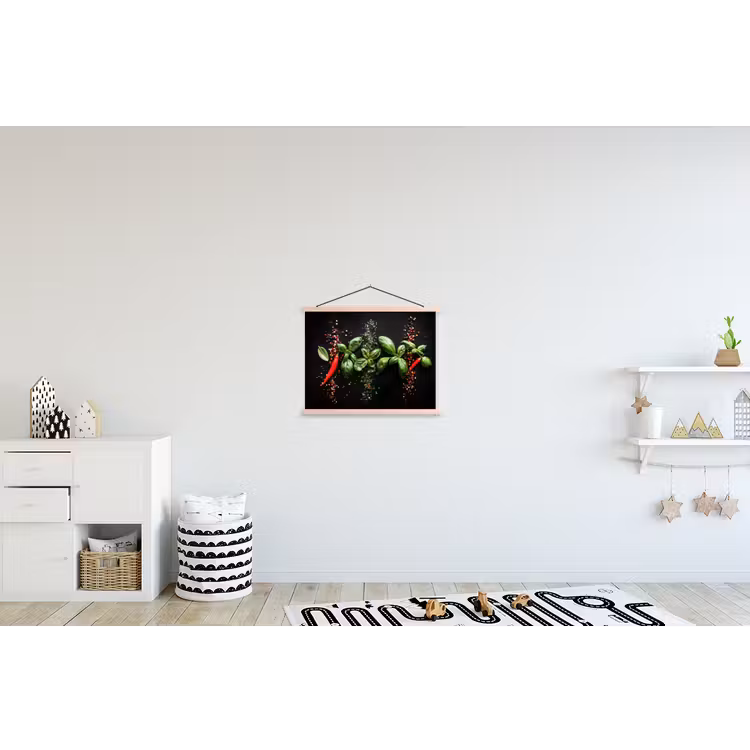 Chilipepers - Basilicum - Blaadjes - Rood textielposter latten blank klein -kinderkamer