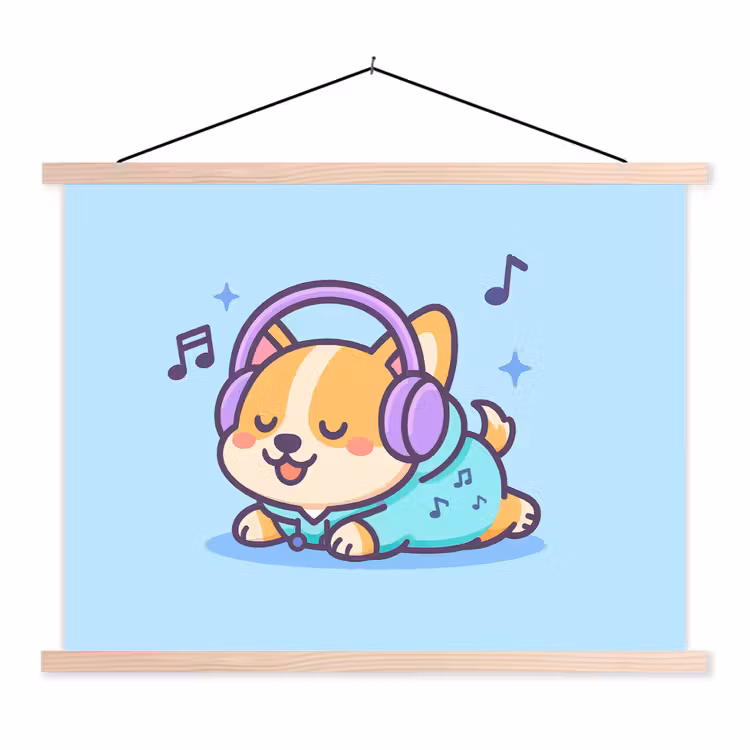 Corgi - Koptelefoon - Blauw - Muzieknoten textielposter latten blank klein -3d