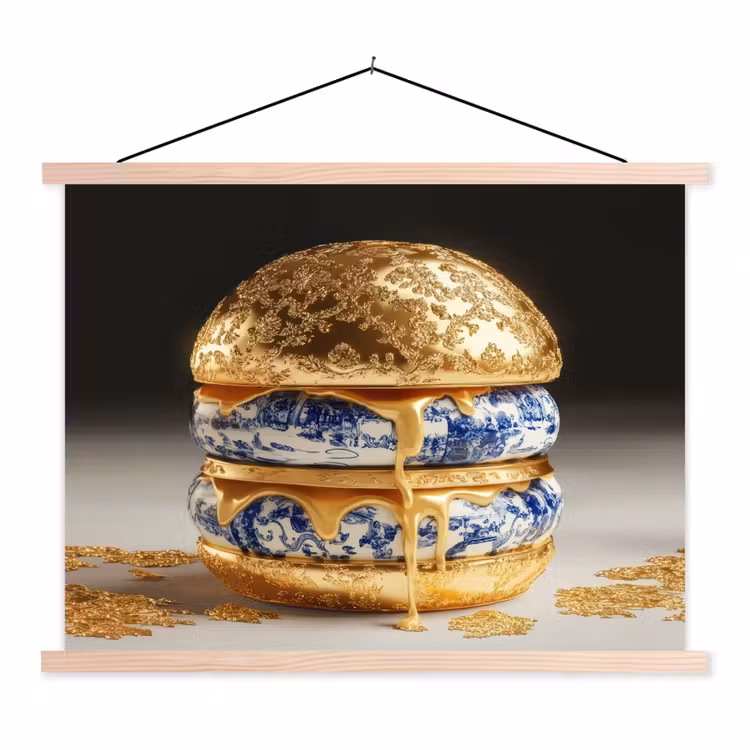 Delftsblauw - Goud - Burger textielposter latten blank klein -3d