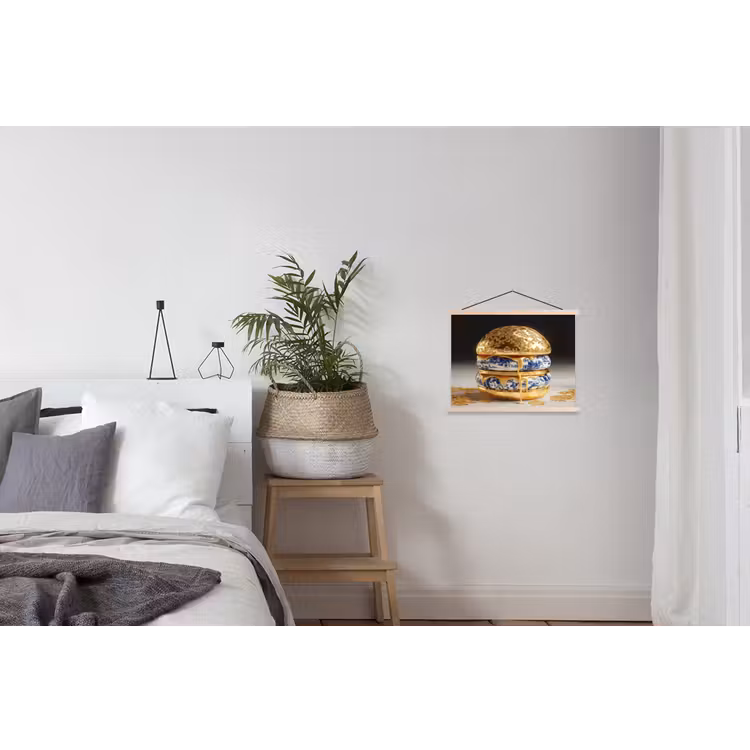 Delftsblauw - Goud - Burger textielposter latten blank klein -woonkamer