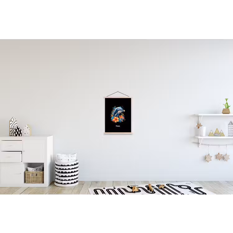 Dolfijn te midden van graffiti bloemen textielposter latten blank klein -kinderkamer