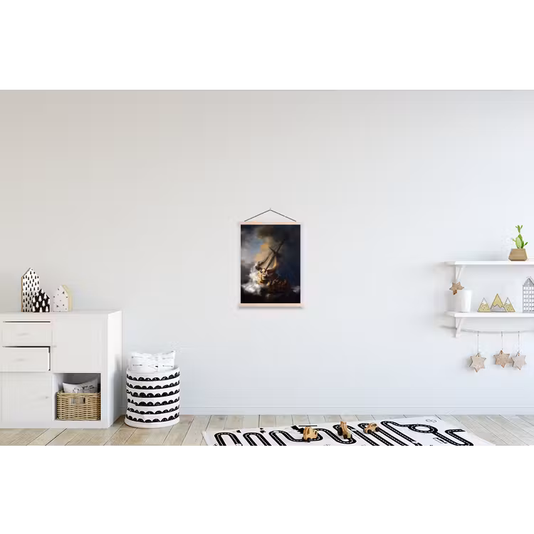 De storm op het meer van Galilea - Rembrandt van Rijn textielposter latten blank klein -kinderkamer