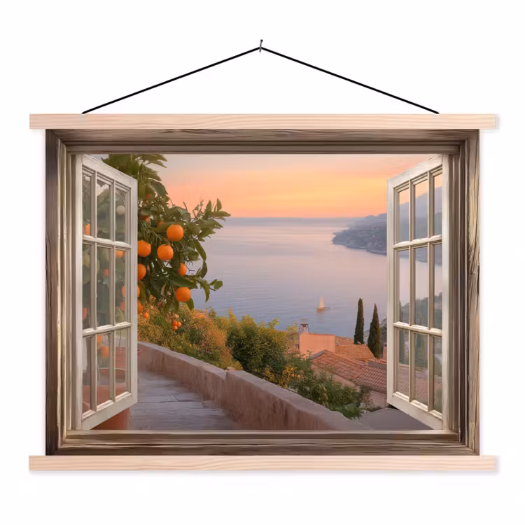 Doorkijk - Uitzicht - Meer - Landschap textielposter latten blank klein -3d