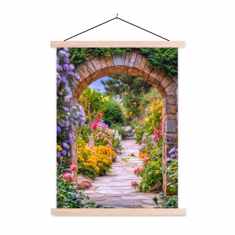 Doorkijk - Bloemen - Pad - Natuur textielposter latten blank klein -3d