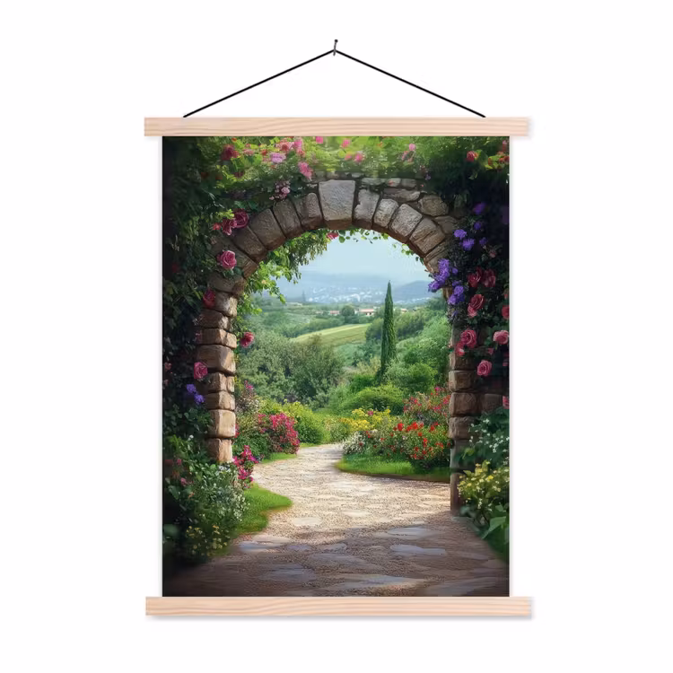 Doorkijk - Landschap - Bloemen - Pad - Uitzicht textielposter latten blank klein -3d