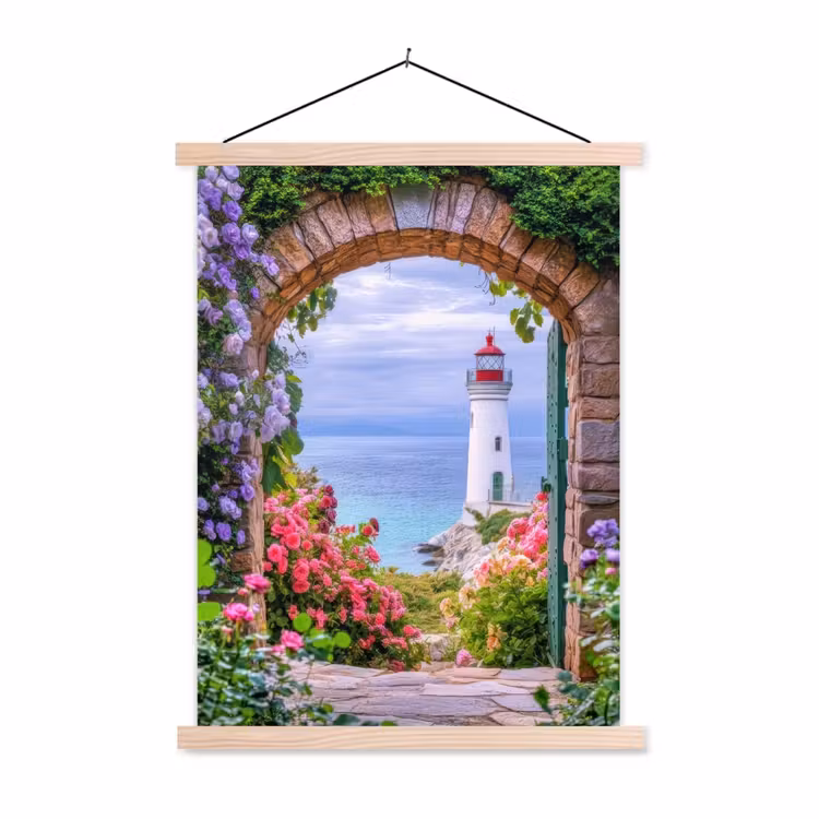 Doorkijk - Vuurtoren - Bloemen - Uitzicht textielposter latten blank klein -3d