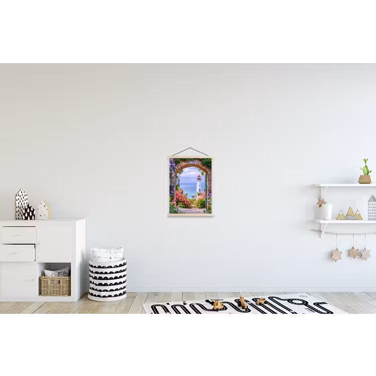 Doorkijk - Vuurtoren - Bloemen - Uitzicht textielposter latten blank klein -kinderkamer