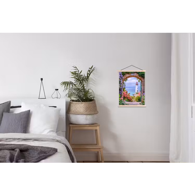 Doorkijk - Vuurtoren - Bloemen - Uitzicht textielposter latten blank klein -woonkamer