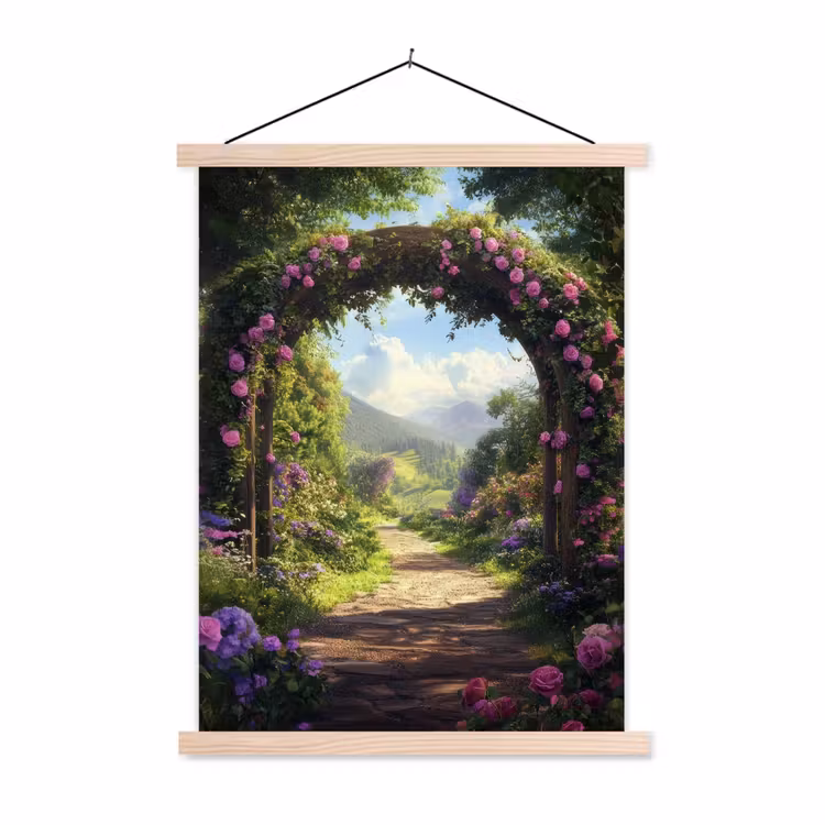 Doorkijk - Rozenboog - Uitzicht - Landschap - Bloemen textielposter latten blank klein -3d