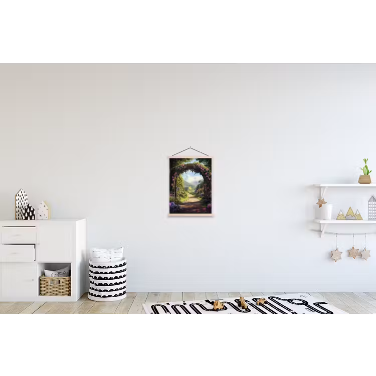 Doorkijk - Rozenboog - Uitzicht - Landschap - Bloemen textielposter latten blank klein -kinderkamer