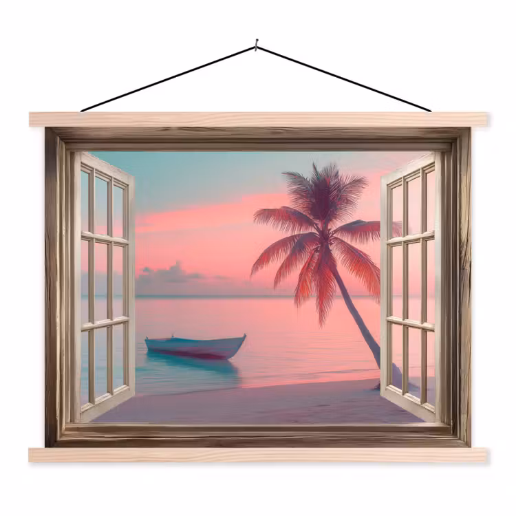Doorkijk - Strand - Palmboom - Tropisch textielposter latten blank klein -3d
