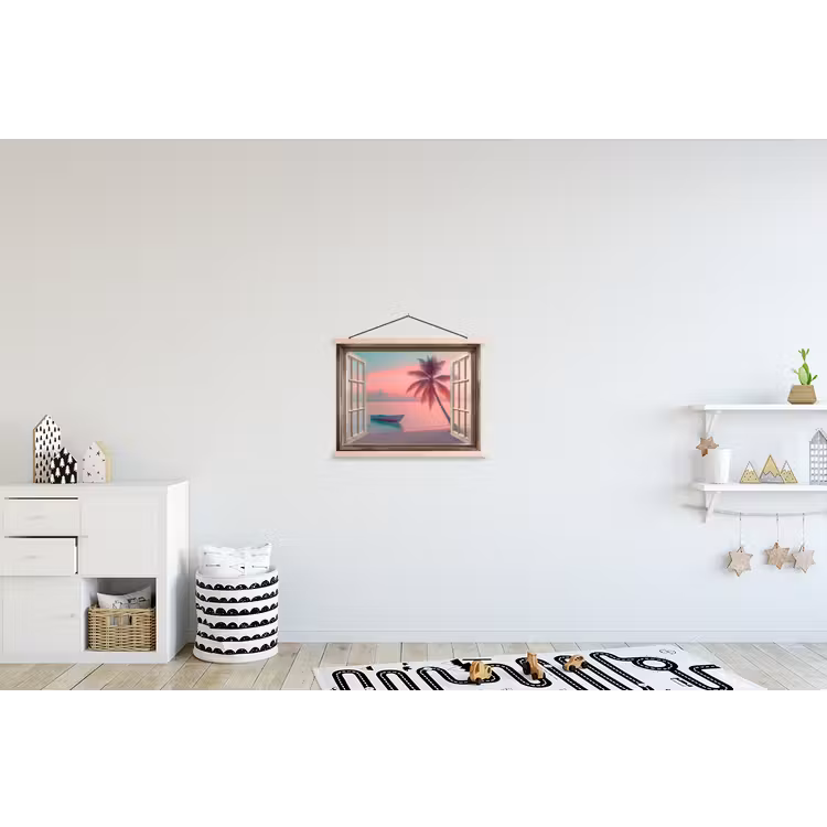 Doorkijk - Strand - Palmboom - Tropisch textielposter latten blank klein -kinderkamer