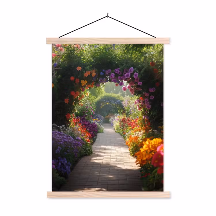 Doorkijk - Pad - Bloemen - Struik - Kleurrijk textielposter latten blank klein -3d