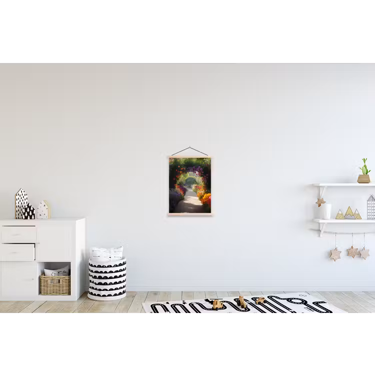 Doorkijk - Pad - Bloemen - Struik - Kleurrijk textielposter latten blank klein -kinderkamer