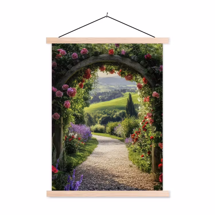 Doorkijk - Tuinboog - Bloemen - Natuur - Pad textielposter latten blank klein -3d