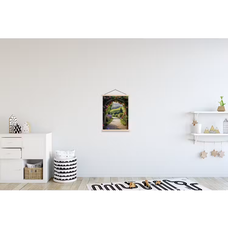 Doorkijk - Tuinboog - Bloemen - Natuur - Pad textielposter latten blank klein -kinderkamer
