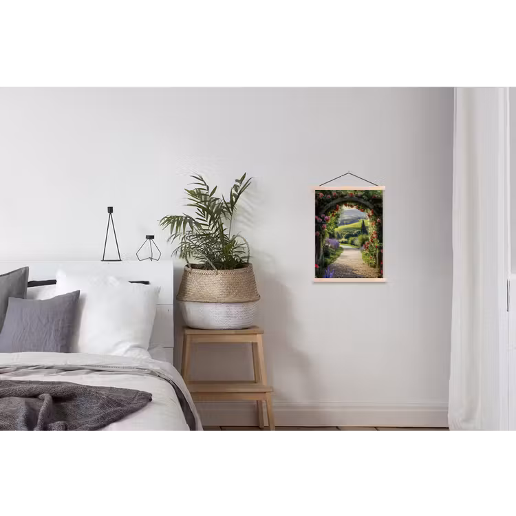 Doorkijk - Tuinboog - Bloemen - Natuur - Pad textielposter latten blank klein -woonkamer