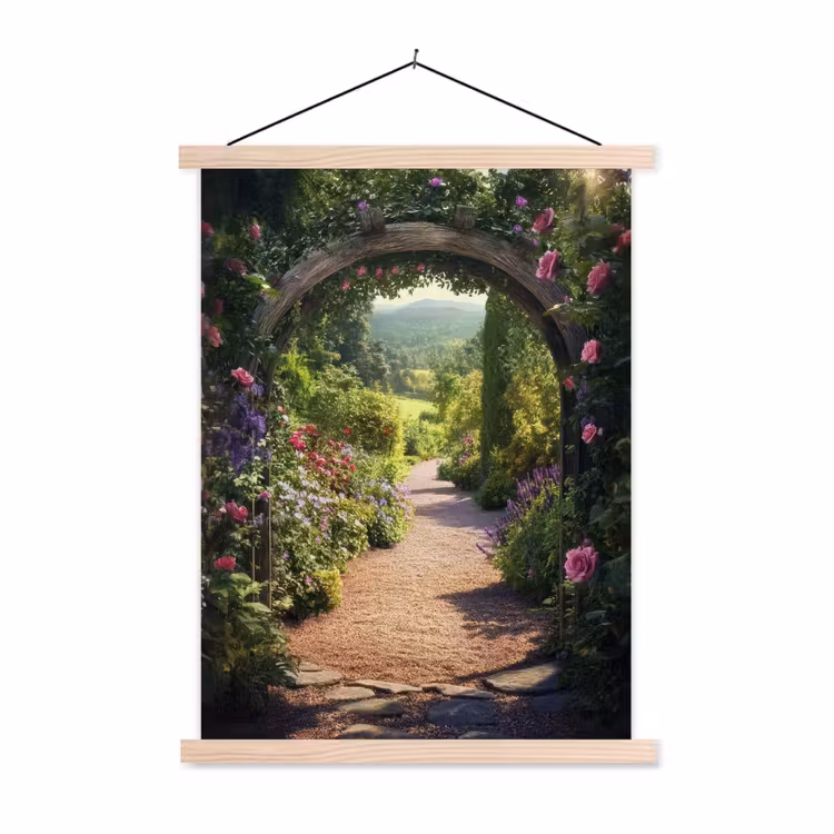 Doorkijk - Bloemen - Natuur - Rozenboog textielposter latten blank klein -3d