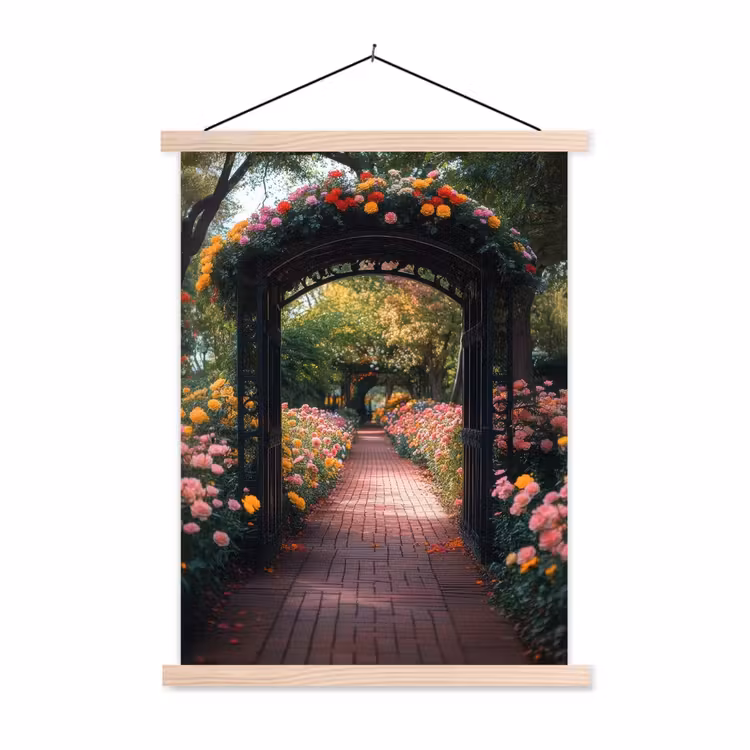 Doorkijk - Bloemen - Pad - Natuur - Kleurrijk textielposter latten blank klein -3d