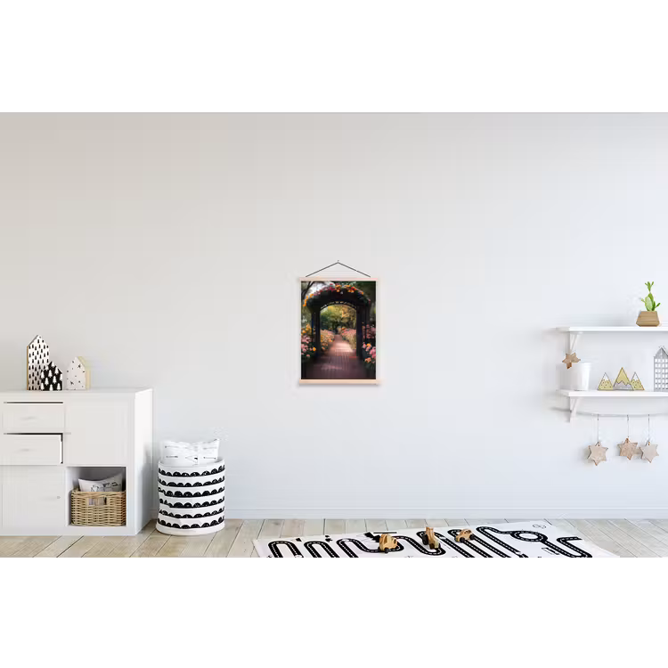 Doorkijk - Bloemen - Pad - Natuur - Kleurrijk textielposter latten blank klein -kinderkamer