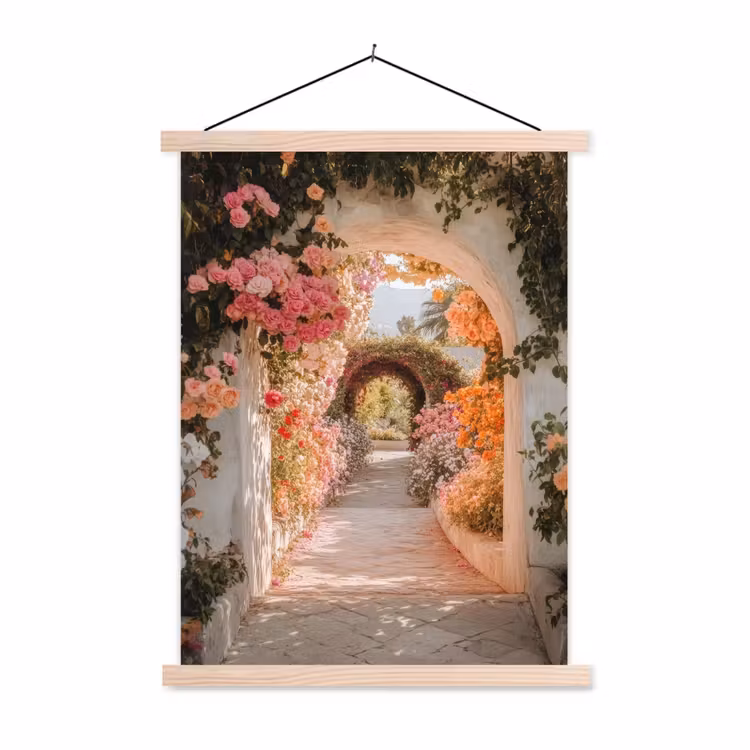 Doorkijk - Boog - Bloemen - Pastel textielposter latten blank klein -3d