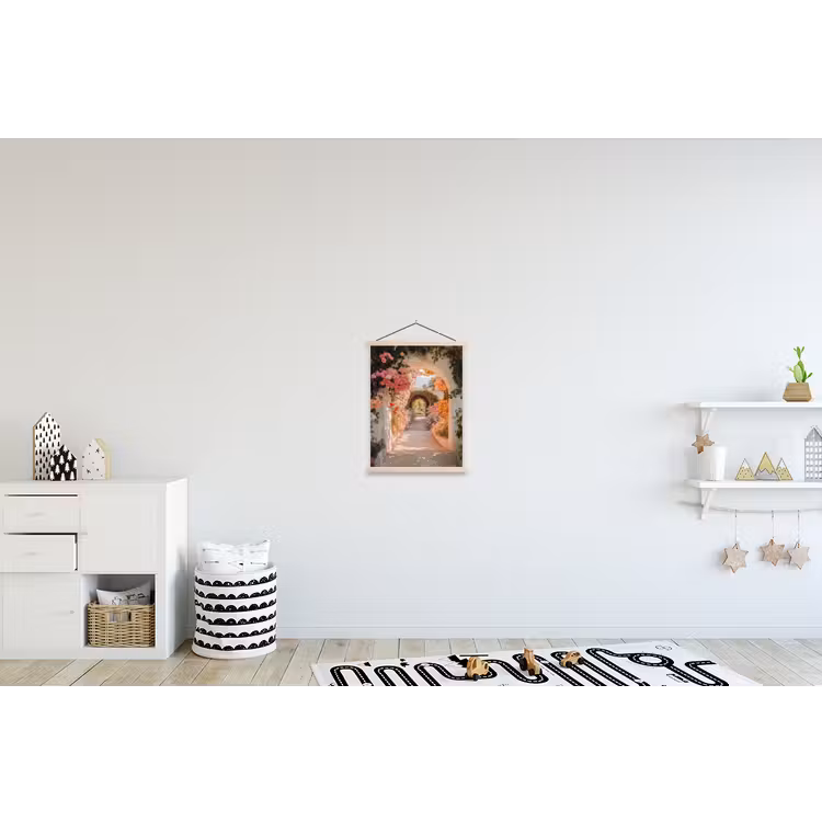 Doorkijk - Boog - Bloemen - Pastel textielposter latten blank klein -kinderkamer