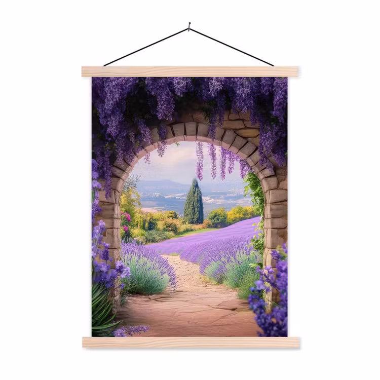 Doorkijk - Lavendel - Bloemen - Paars - Poort textielposter latten blank klein -3d
