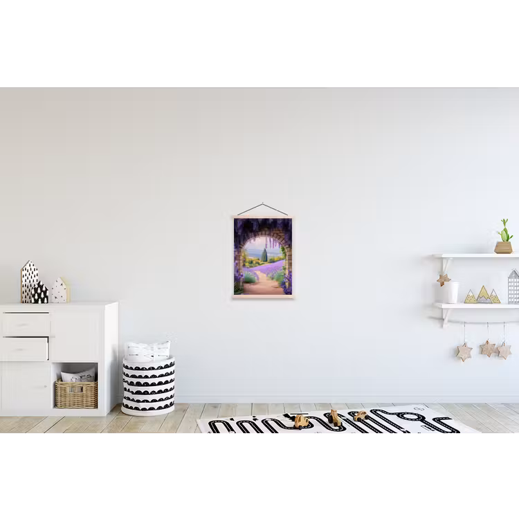 Doorkijk - Lavendel - Bloemen - Paars - Poort textielposter latten blank klein -kinderkamer