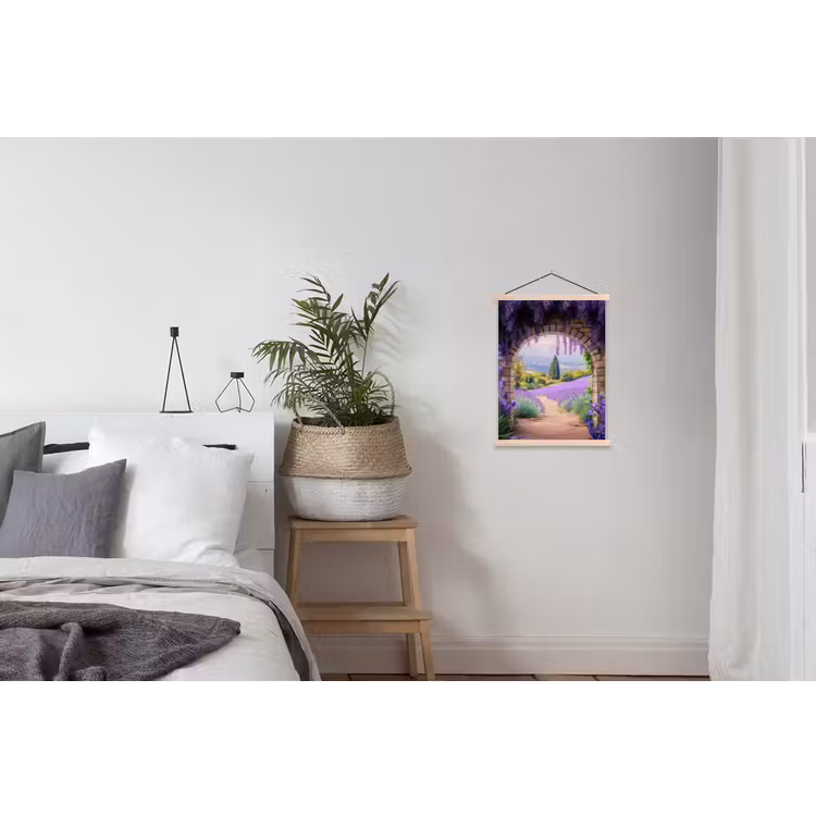 Doorkijk - Lavendel - Bloemen - Paars - Poort textielposter latten blank klein -woonkamer