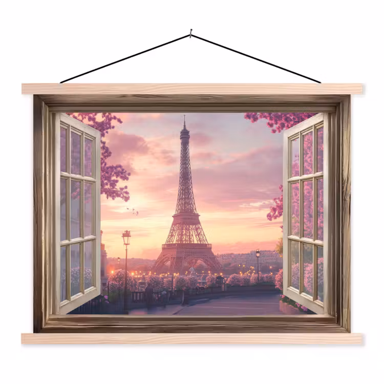 Doorkijk - Parijs - Eiffeltoren - Roze - Kersenbloesem textielposter latten blank klein -3d
