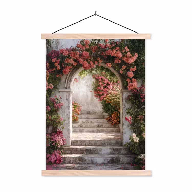 Doorkijk - Rozen - Vintage - Poort textielposter latten blank klein -3d