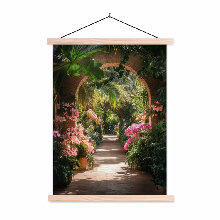 Doorkijk - Tropisch - Bloemen - Natuur textielposter latten blank klein -3d