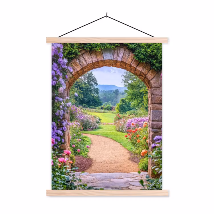 Doorkijk - Poort - Bloemen - Tuin textielposter latten blank klein -3d