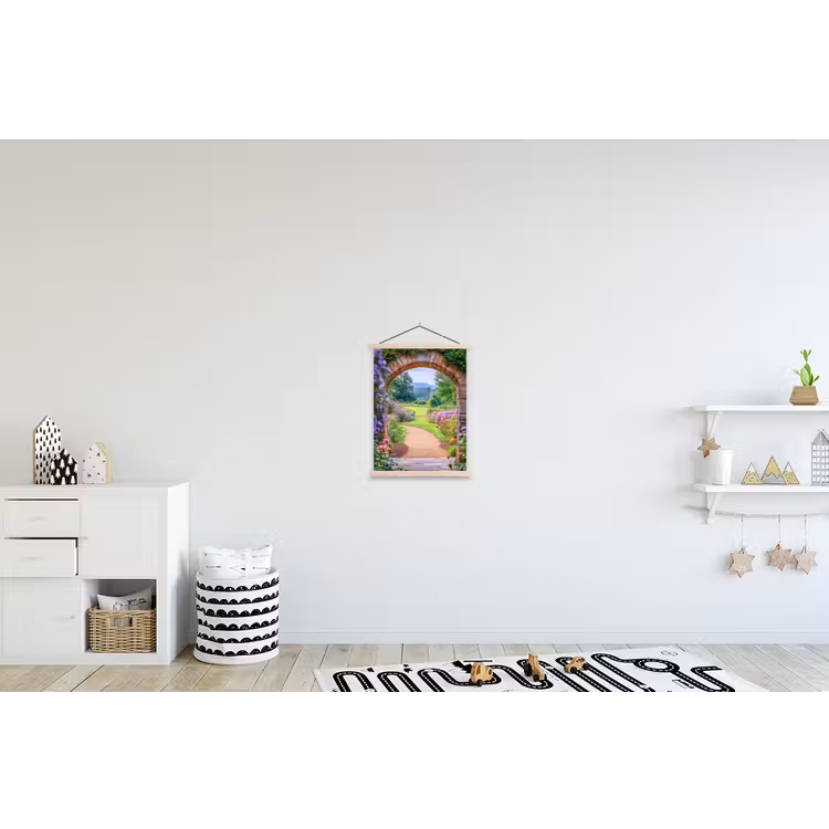 Doorkijk - Poort - Bloemen - Tuin textielposter latten blank klein -kinderkamer