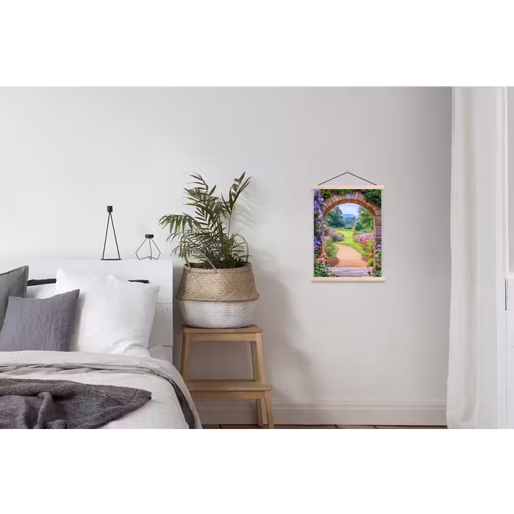 Doorkijk - Poort - Bloemen - Tuin textielposter latten blank klein -woonkamer