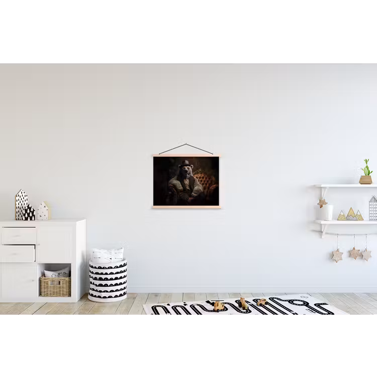 Ijsbeer - Hoed - Bril - Stoel textielposter latten blank klein -kinderkamer