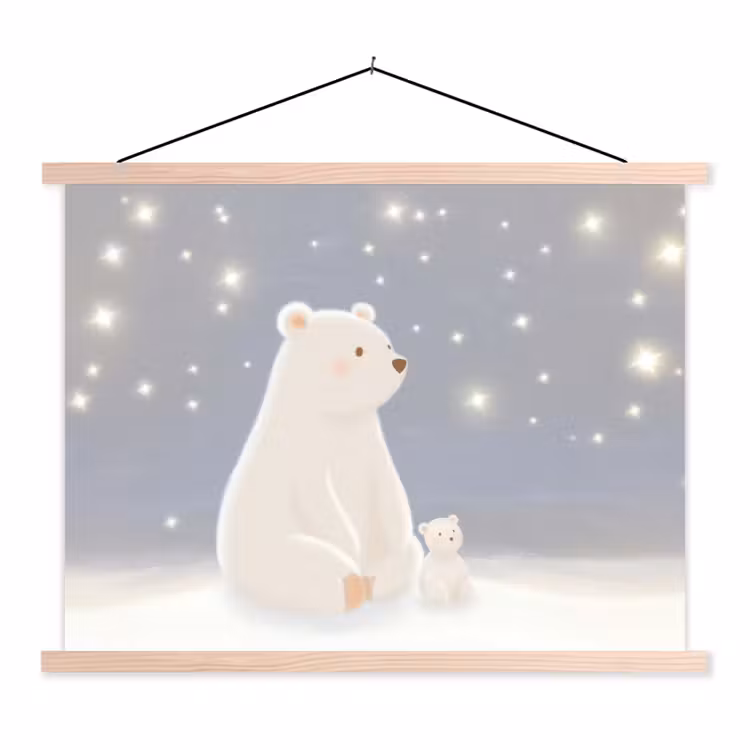 Ijsbeer - Sneeuw - Sterren - Blauw textielposter latten blank klein -3d