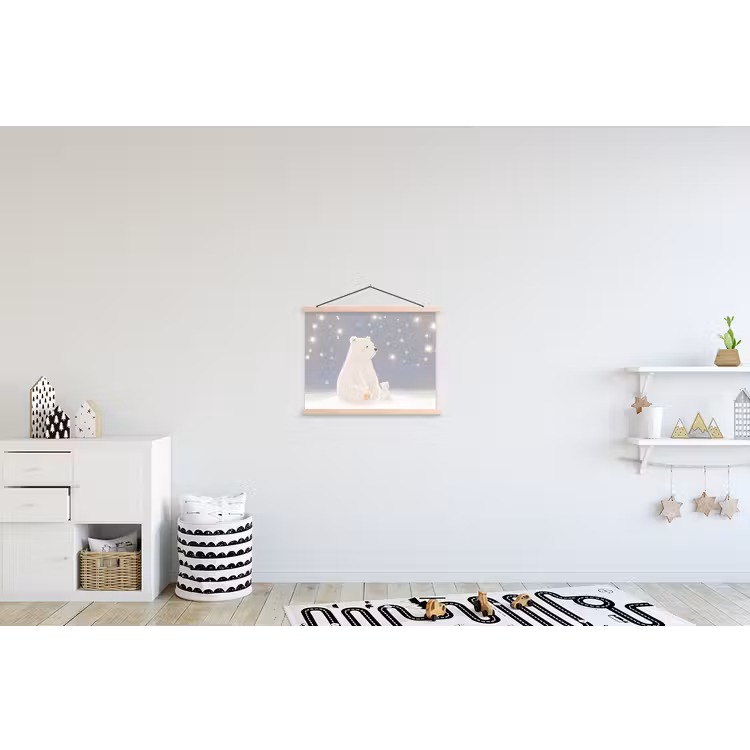 Ijsbeer - Sneeuw - Sterren - Blauw textielposter latten blank klein -kinderkamer