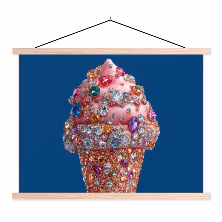 Ijsje - Hoorntje - Steentjes - Blauw textielposter latten blank klein -3d