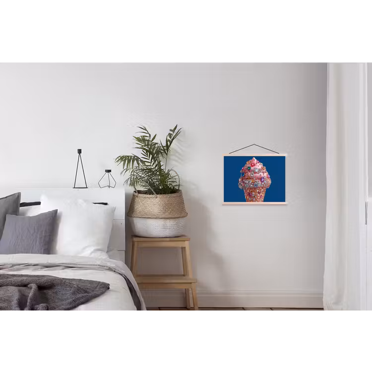 Ijsje - Hoorntje - Steentjes - Blauw textielposter latten blank klein -woonkamer