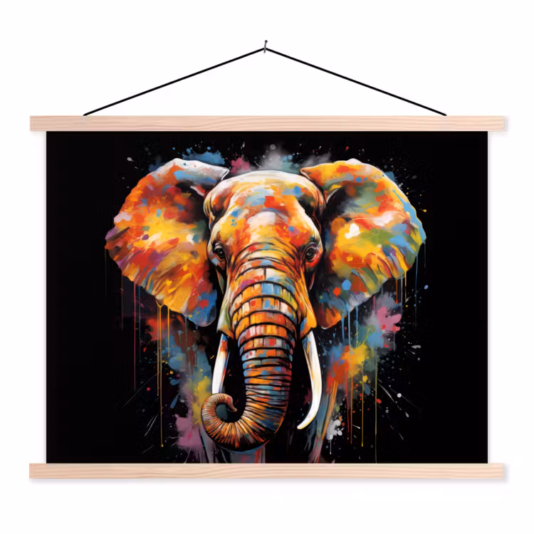 Olifant - Graffiti - Zwart - Dieren - Kleuren textielposter latten blank klein -3d