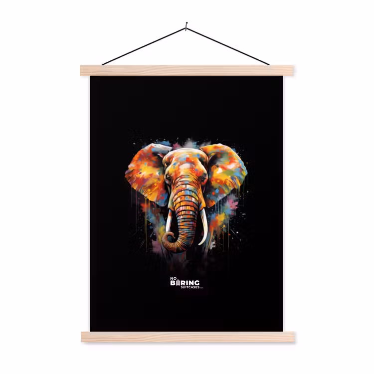 Olifant versierd met kleurrijke spetters textielposter latten blank klein -3d
