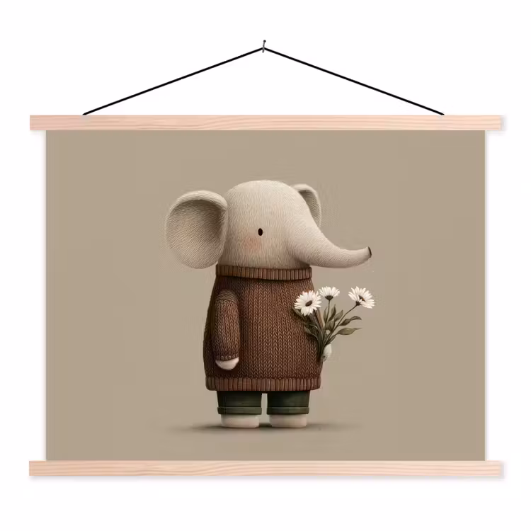 Olifant - Witte bloemen - Kindvriendelijk textielposter latten blank klein -3d