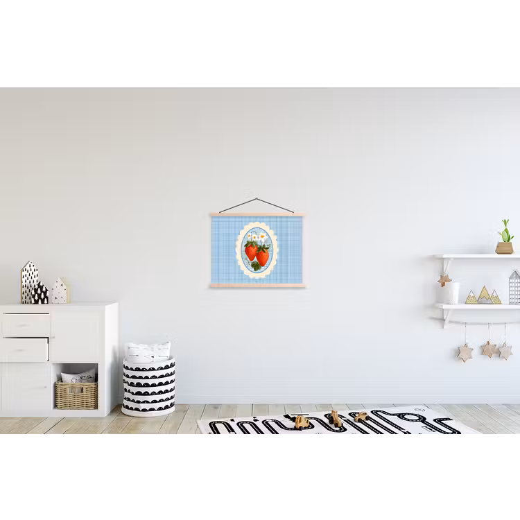 Aardbeien - Lijst - Rood - Geruit textielposter latten blank klein -kinderkamer