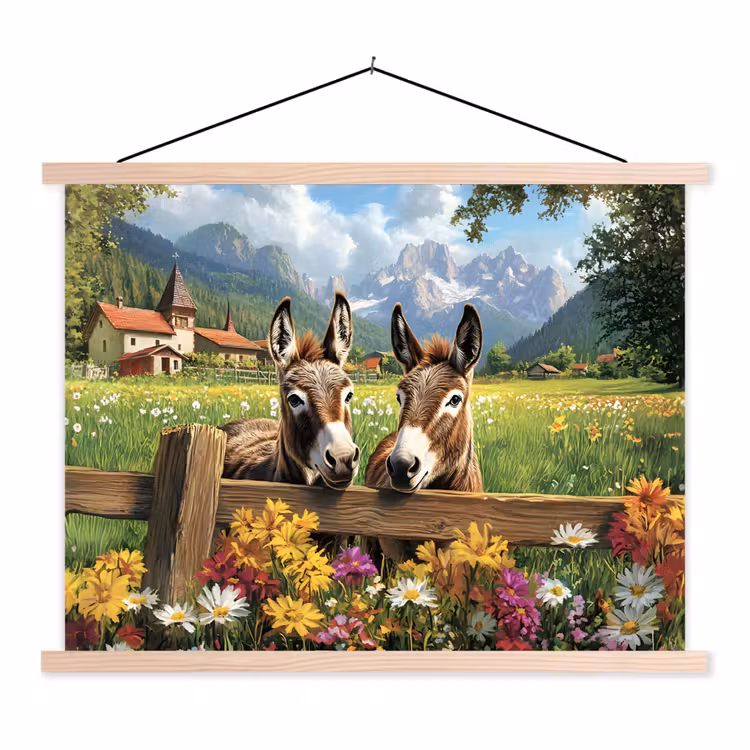 Ezels - Bloemen - Zomers textielposter latten blank klein -3d