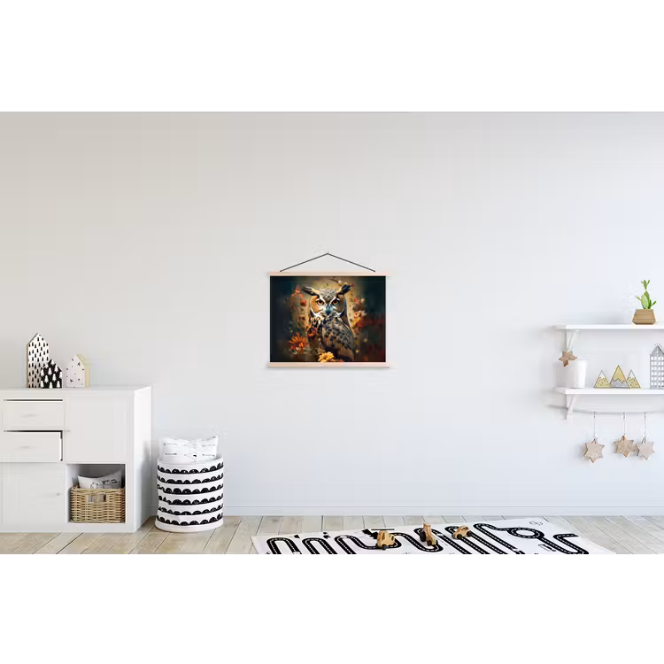 Uil - Vogel - Bloemen - Planten - Botanisch textielposter latten blank klein -kinderkamer